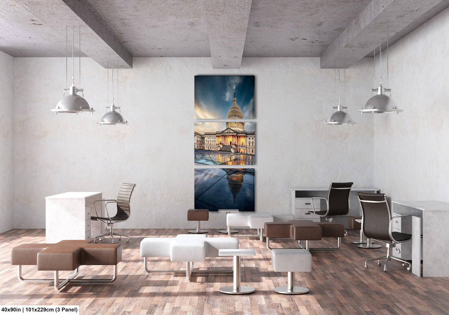 a room with chairs, desks and a painting on the wall