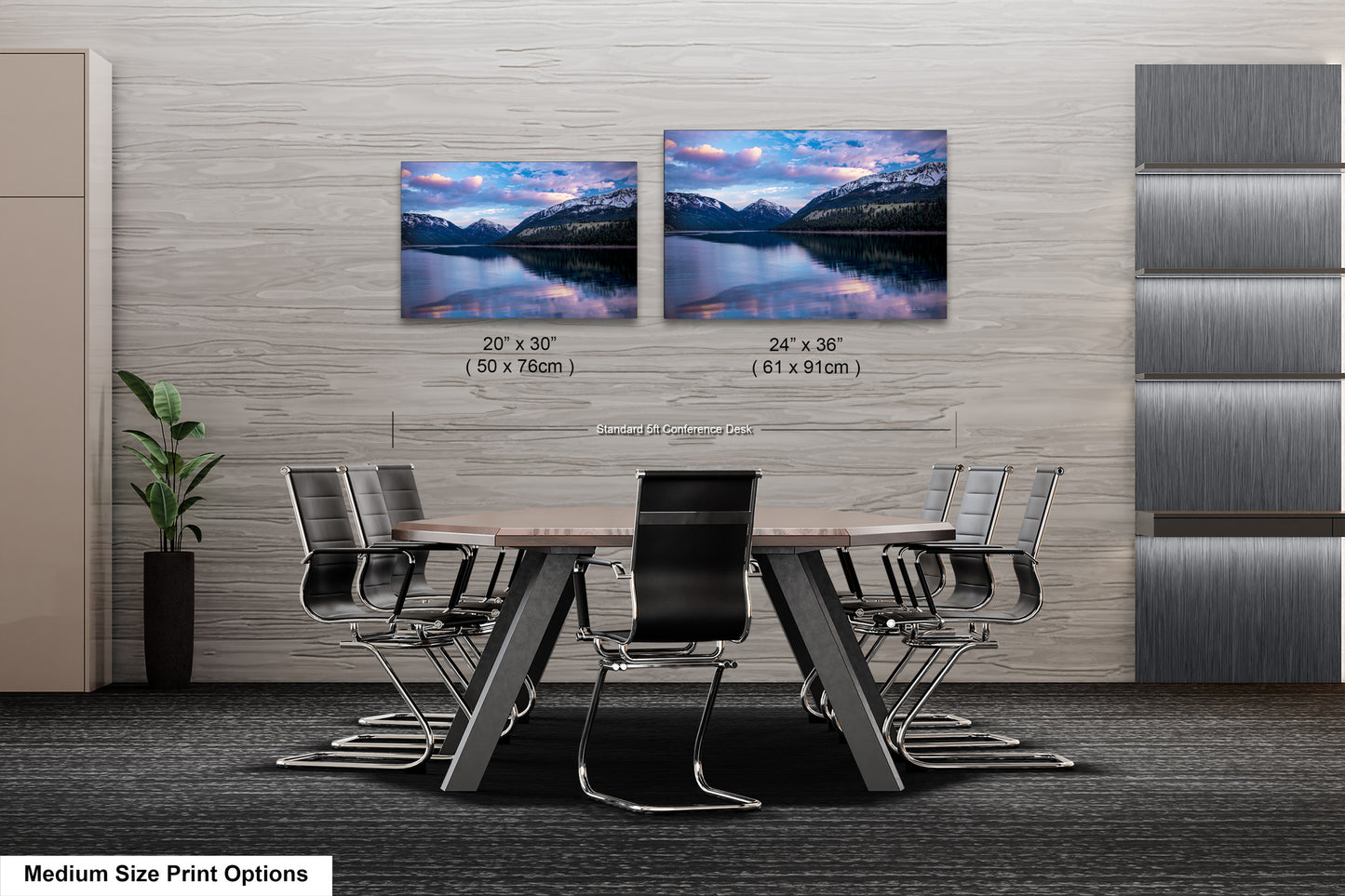 a dining room table with chairs and two pictures on the wall