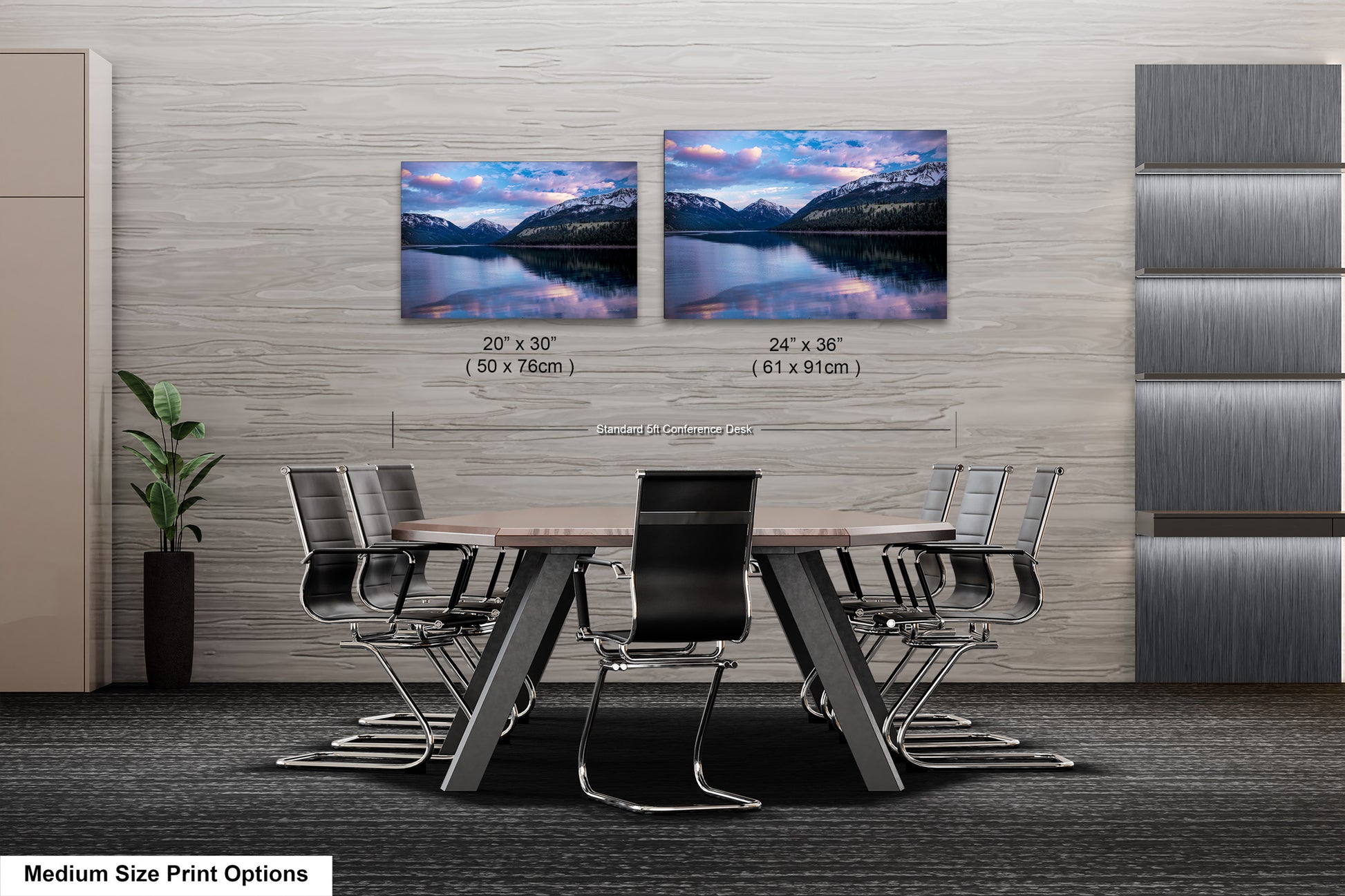 a dining room table with chairs and two pictures on the wall
