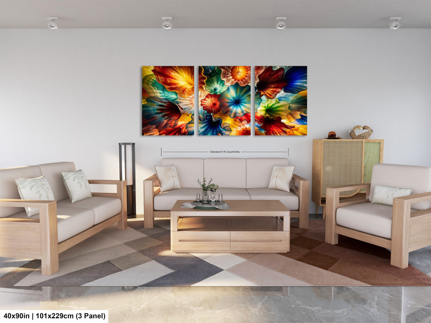 a modern living room with a large, colorful abstract painting hanging on the wall. The room is furnished with a sofa, two chairs, and a coffee table, creating a comfortable and inviting atmosphere.