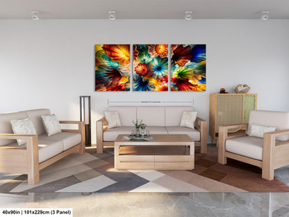 a modern living room with a large, colorful abstract painting hanging on the wall. The room is furnished with a sofa, two chairs, and a coffee table, creating a comfortable and inviting atmosphere.
