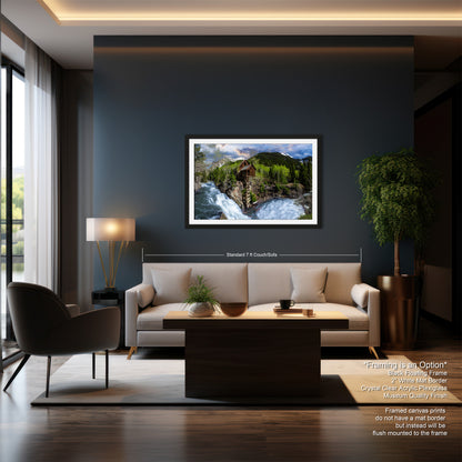 a living room with a couch a table and a painting on the wall
