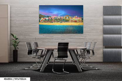 a dining room table with chairs and a painting on the wall
