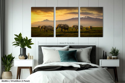 three elephants grazing in a field with a mountain in the background