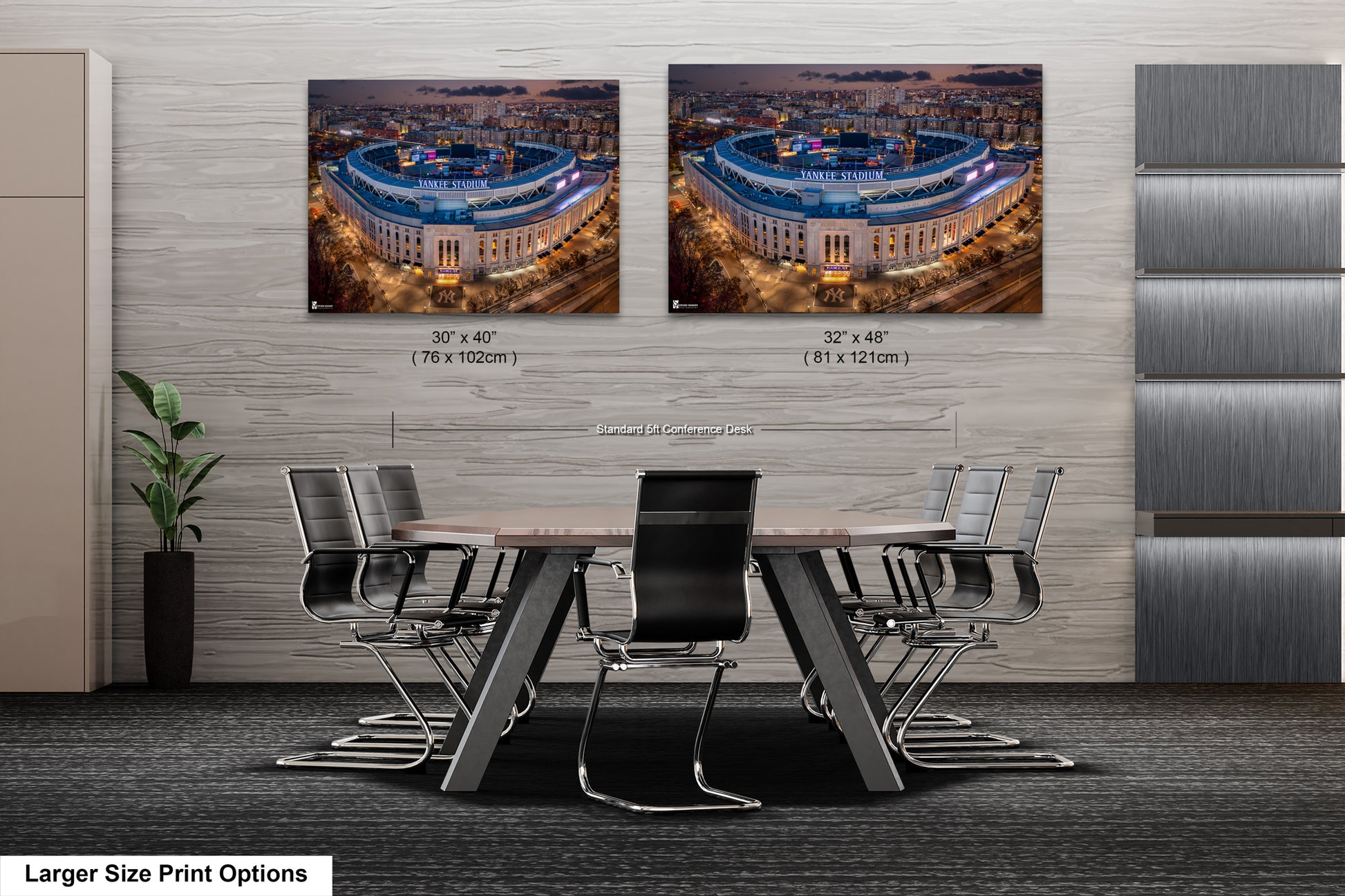 two pictures of a building and a table in a room
