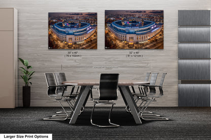 two pictures of a building and a table in a room