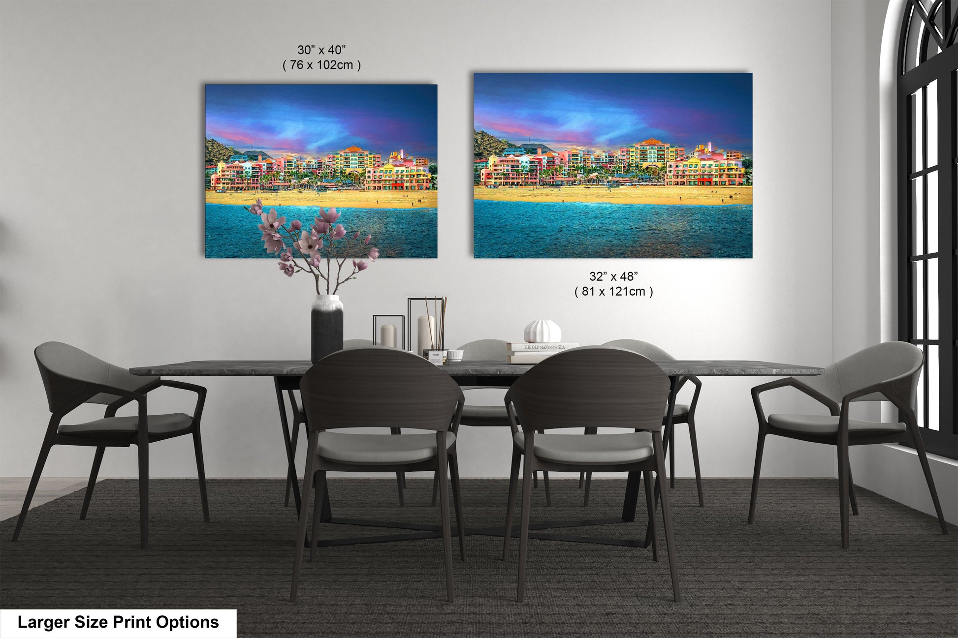 a dining room table with four chairs and a painting on the wall