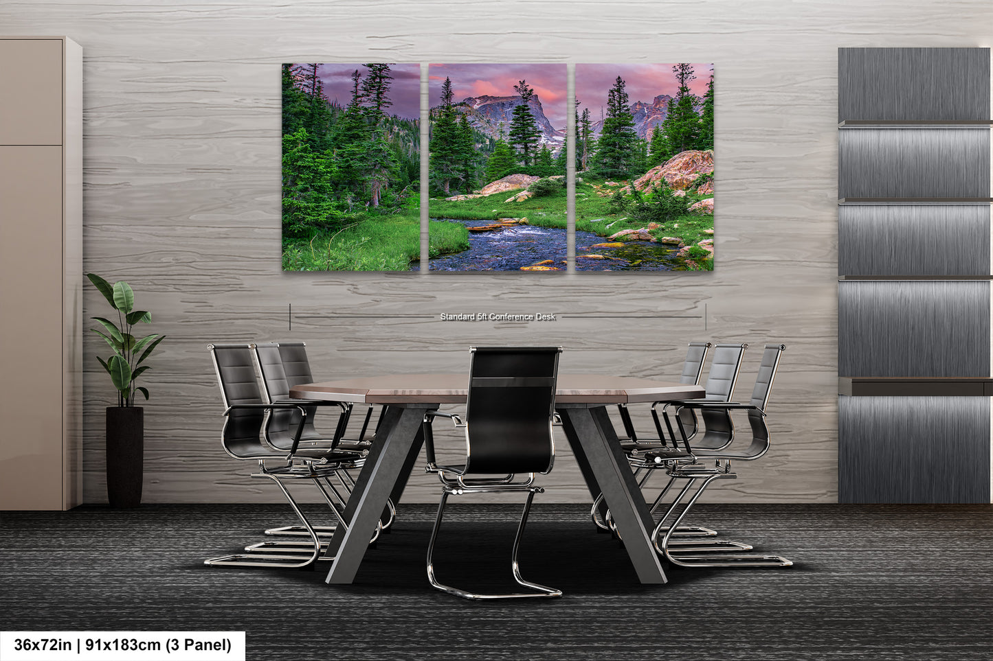 a dining room table with chairs and a painting on the wall