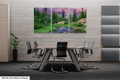 a dining room table with chairs and a painting on the wall