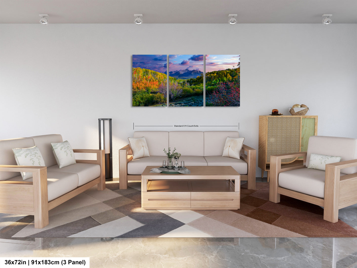 a living room filled with furniture and a painting on the wall