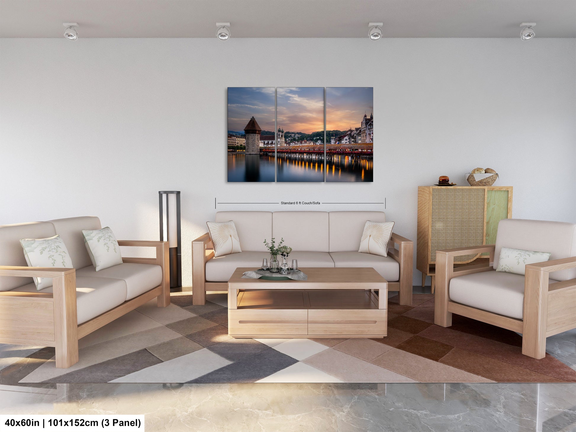 a living room filled with furniture and a painting on the wall