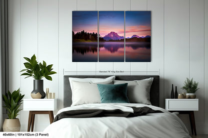 a bedroom scene with a bed and two paintings