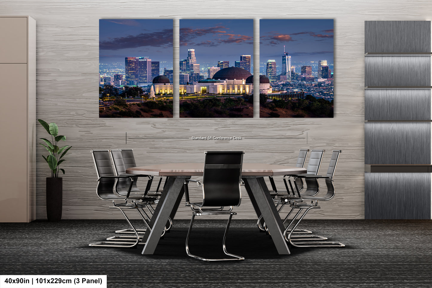 a dining room table with a view of a city at night