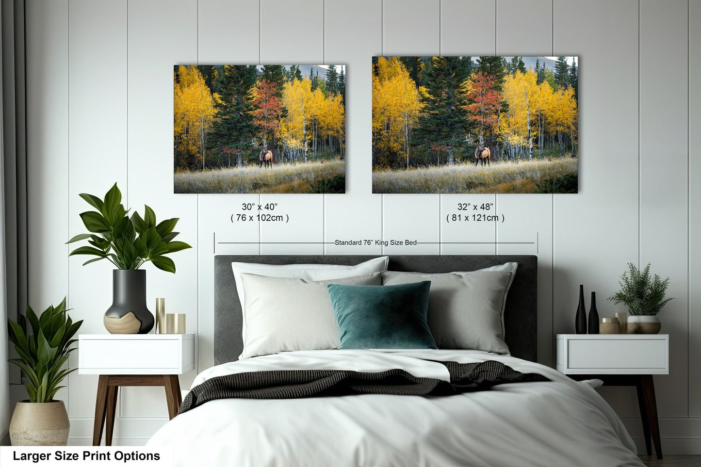 a bedroom with a bed and two pictures on the wall