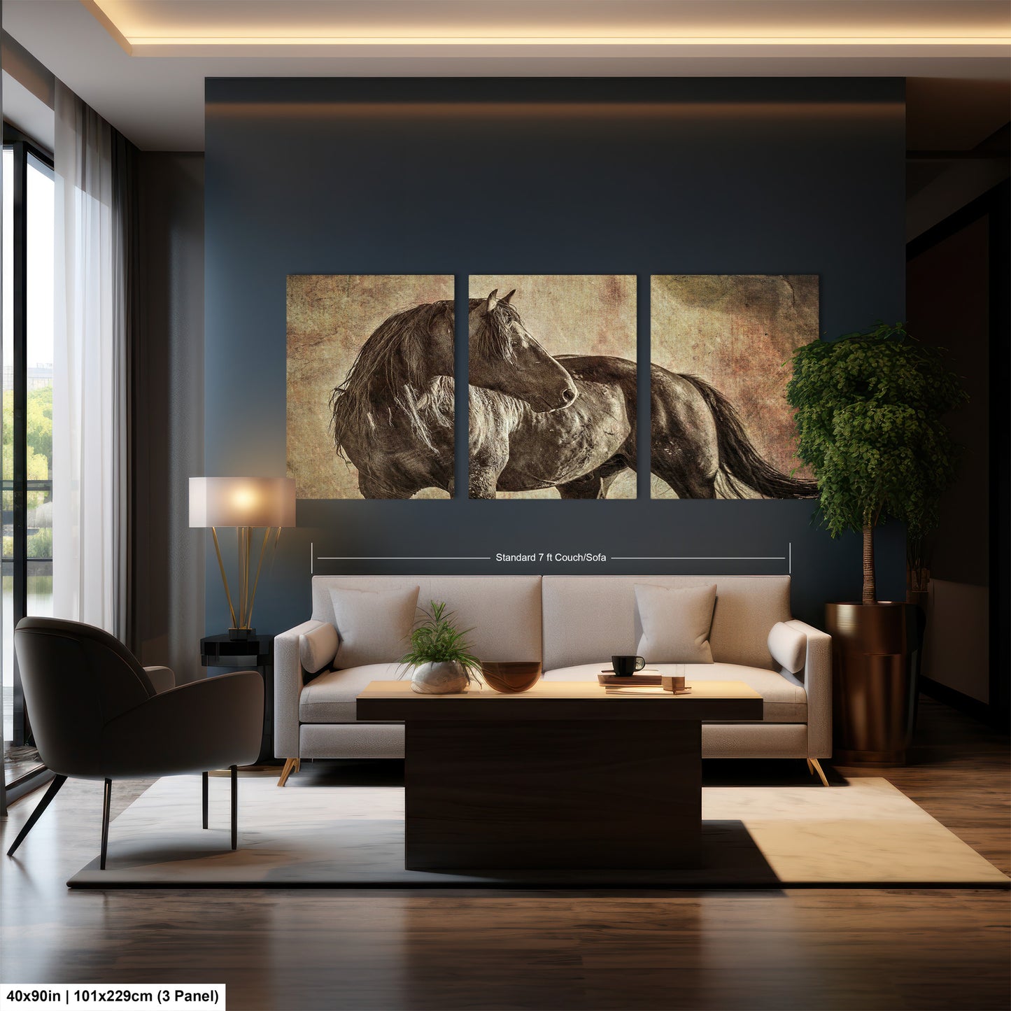 a living room with a couch and a painting of a horse