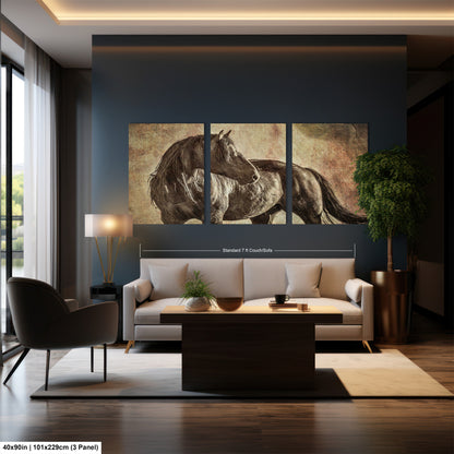 a living room with a couch and a painting of a horse