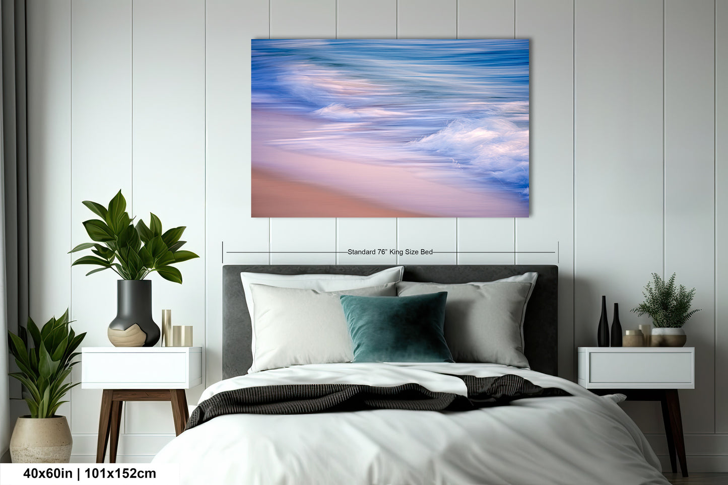 a bedroom with a bed and a painting on the wall