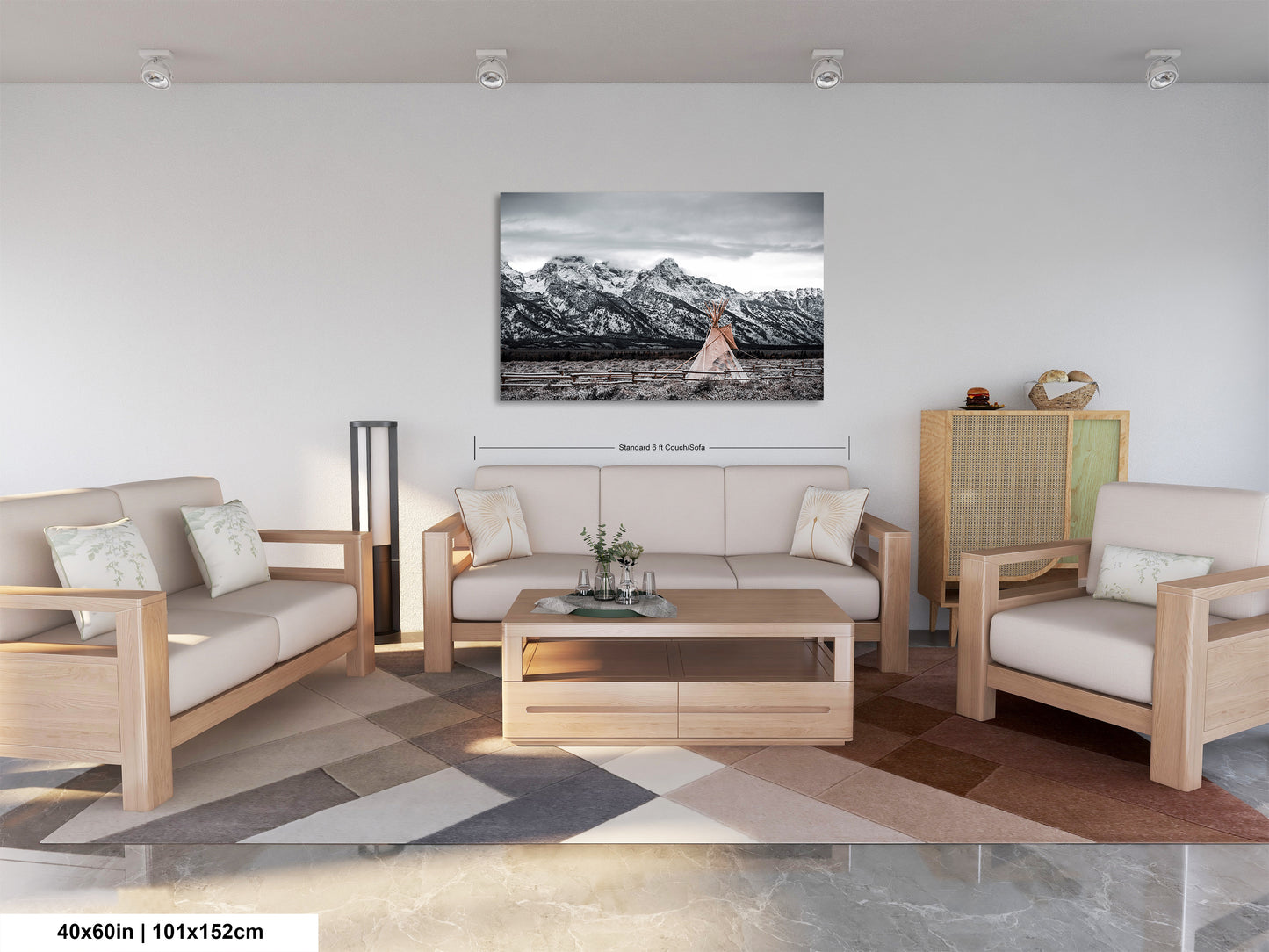 a living room filled with furniture and a painting on the wall