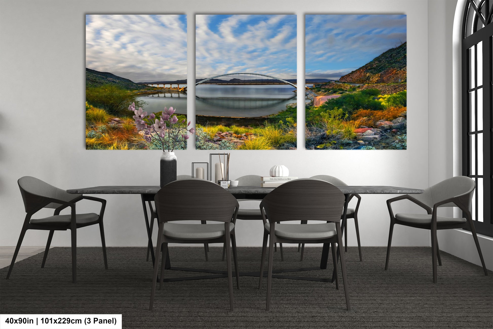 a dining room with a table and four chairs