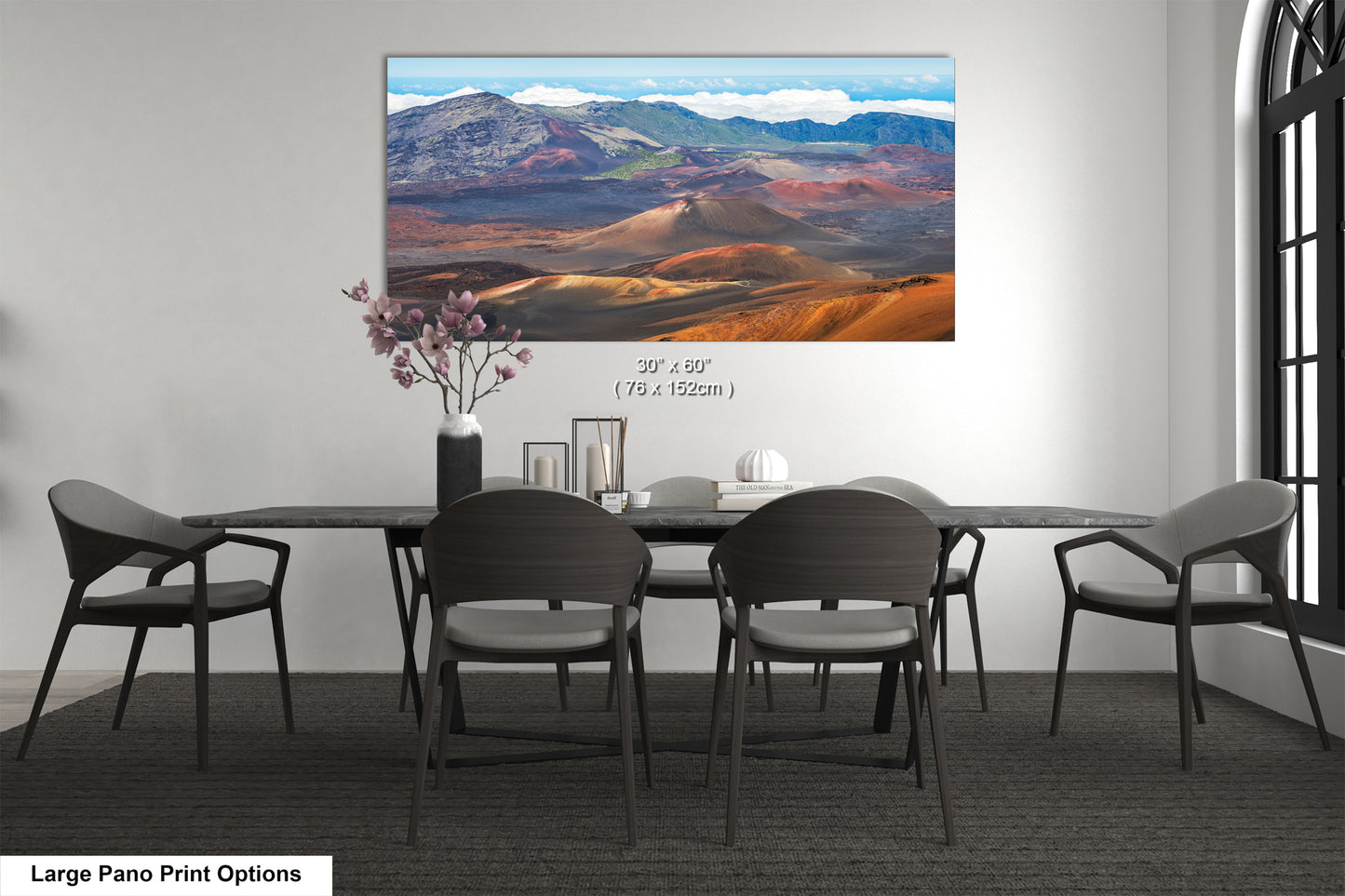 a large pano print depicting a scenic landscape with mountains, valleys, and a desert-like terrain.