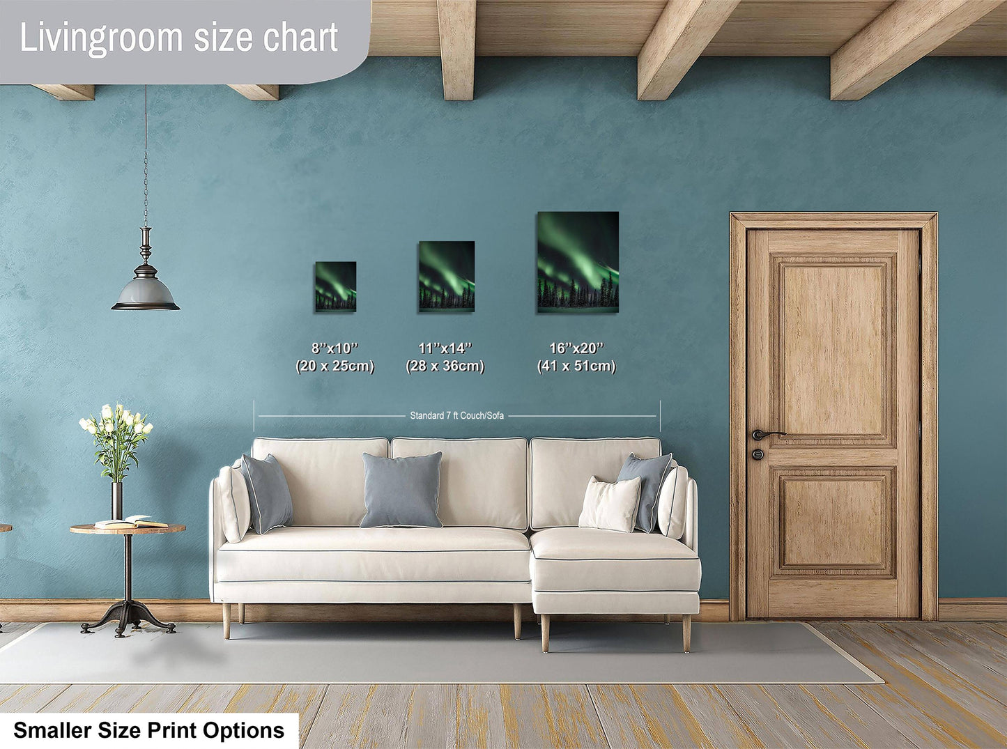 a living room with blue walls and a white couch